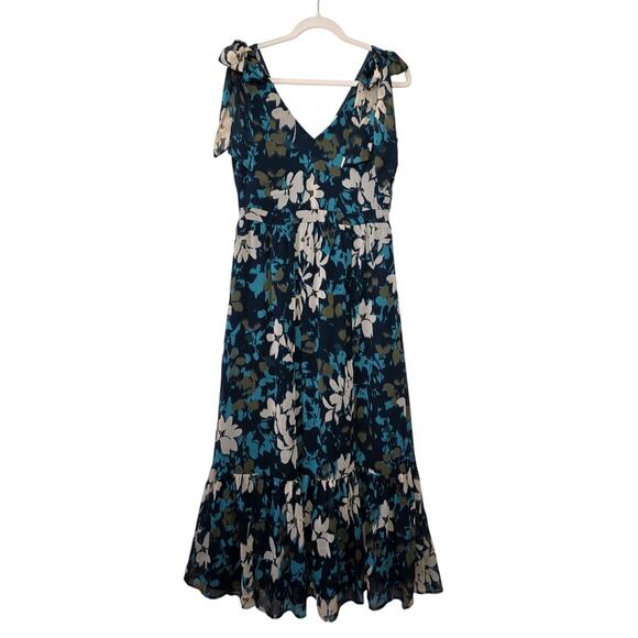 NWT LOFT Beige/Teal Floral Ruffle with Shoulder-Ties Dress - Picture 1 of 8